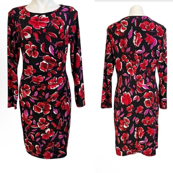 Kasper dress size 8/10 red multicolor floral 3/4 slv knee length stretch‎ office - Picture 1 of 6
